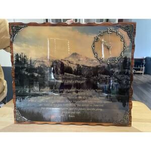 Ornate Mountain Scene Laminate Lords Prayer Clock Mounted On Pine Rustic Vtg 80s